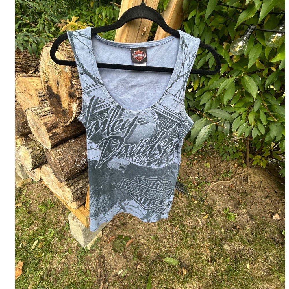 Harley Davidson Tank Top Cotton Sleeveless Eagle Graphic 2016 Biker Core Blue L